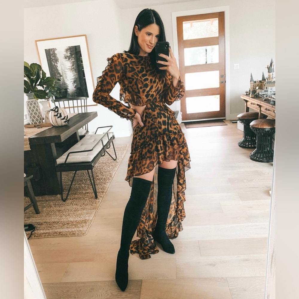 LOVE & LEMONADE Leopard High Low Ruffle Hem Cut-Out Dress - Picture 2 of 11